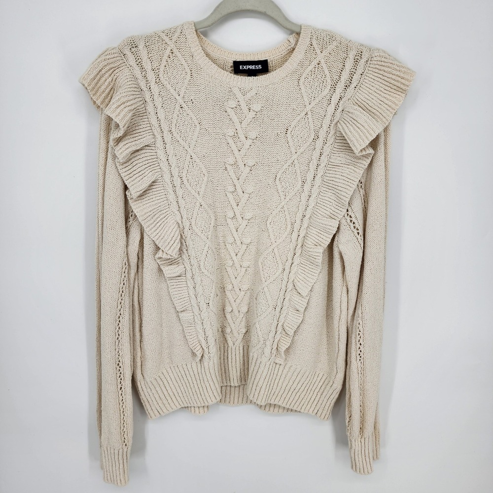 Express Ruffle Cable Knit Sweater Womens Large Cream Cotton Coquette Cottagecore